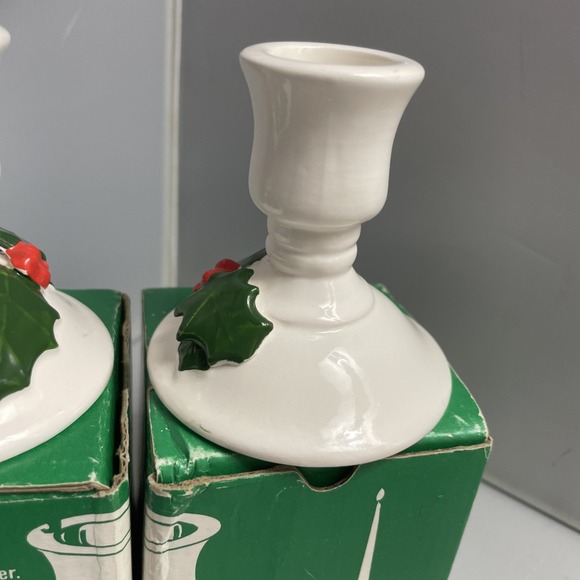 Christmas Candle Stick Holders Pair by Lillian Vernon Holly Berries‎ Ceramic VTG - Picture 7 of 14